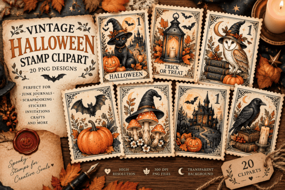 Vintage Halloween Stamp Clipart Bundle
