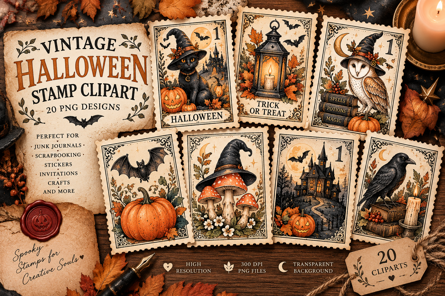 Vintage Halloween Stamp Clipart Bundle