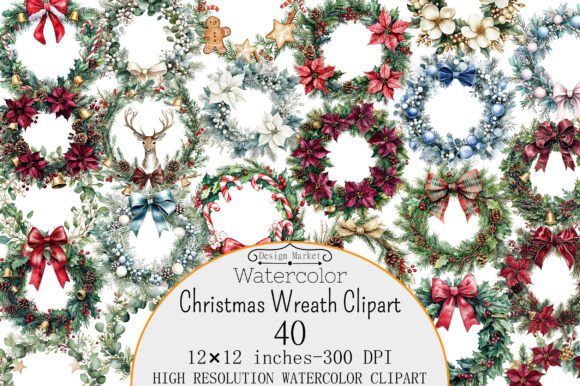 Watercolor Christmas Wreath Clipart
