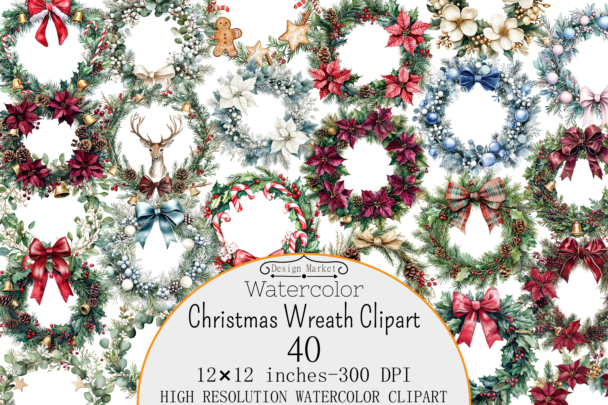 Watercolor Christmas Wreath Clipart
