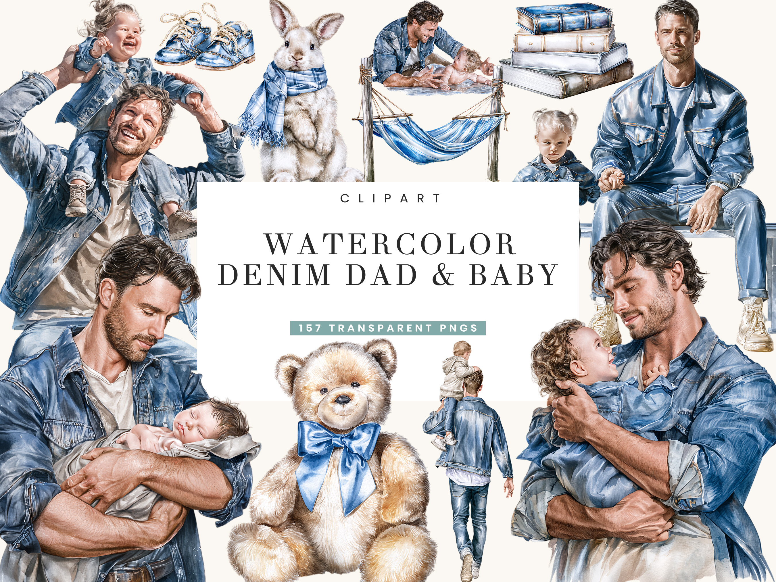 Watercolor Denim Dad & Baby Clipart