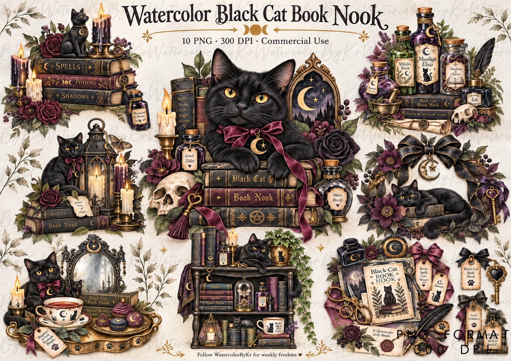Watercolor Halloween Black Cat Book PNG