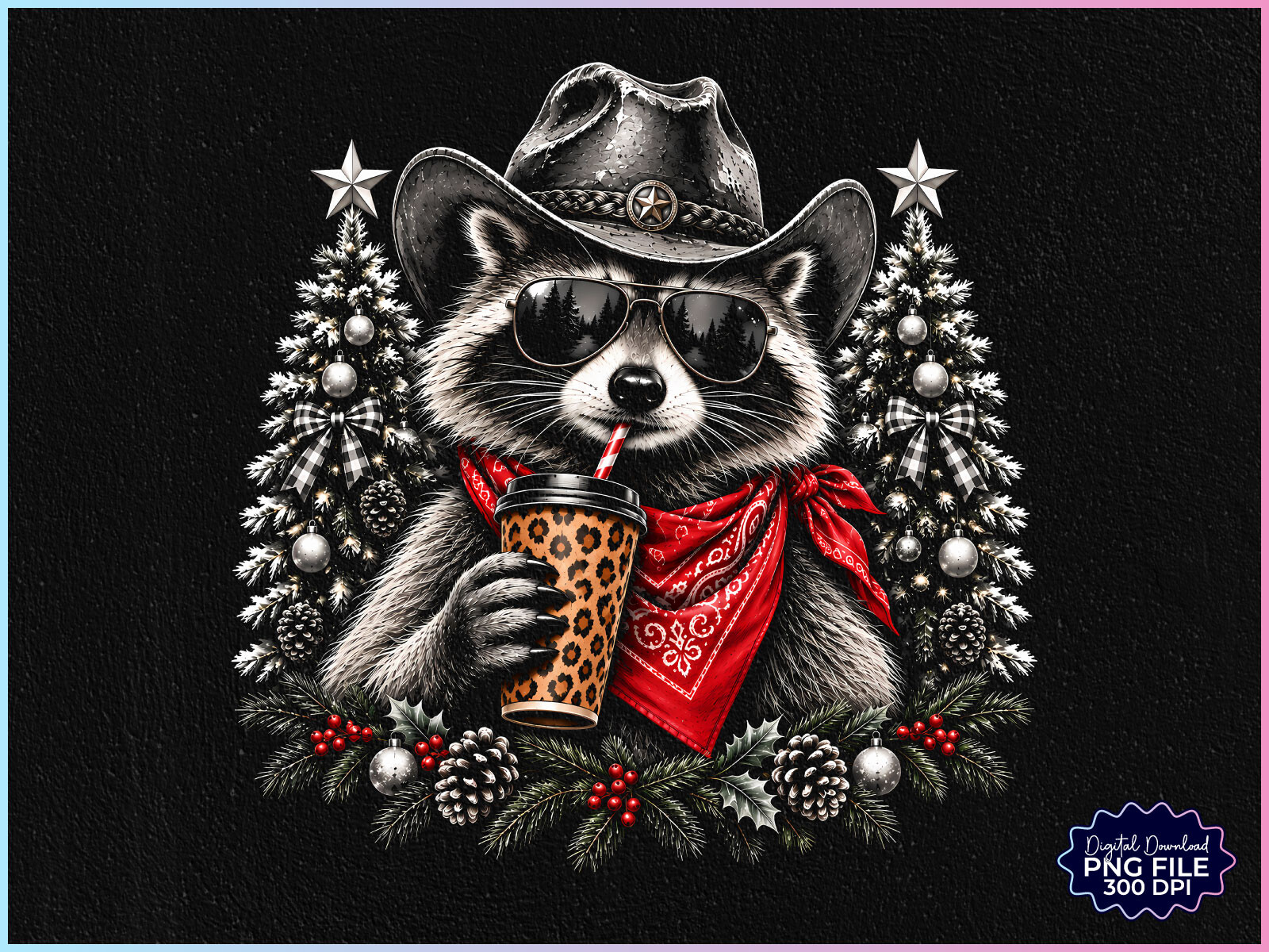 Western Christmas Cowboy Raccoon PNG