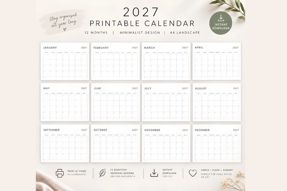 Creative Lettering Printable 2027 MINIMALIST PRINTABLE CALENDAR Graphic by JustBeYourSelf · Creative ...