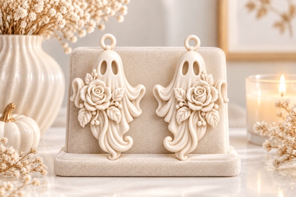 3D Printable Ghost Earrings STL – Floral Gothic Halloween Jewelry - Image 1