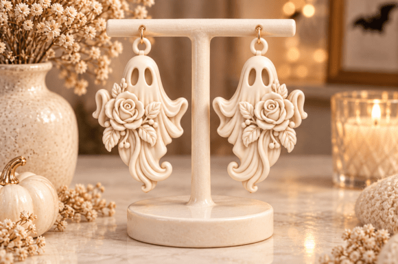 3D Printable Ghost Earrings STL – Floral Gothic Halloween Jewelry - Image 2