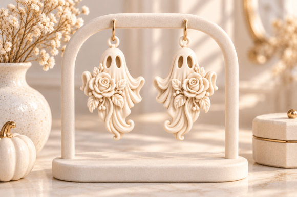 3D Printable Ghost Earrings STL – Floral Gothic Halloween Jewelry - Image 3