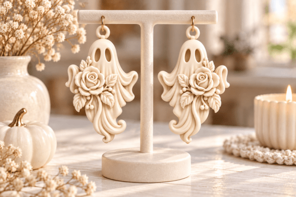 3D Printable Ghost Earrings STL – Floral Gothic Halloween Jewelry - Image 4
