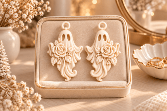 3D Printable Ghost Earrings STL – Floral Gothic Halloween Jewelry - Image 5