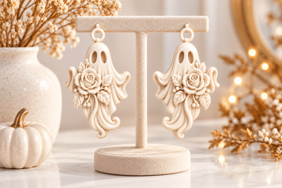 3D Printable Ghost Earrings STL – Floral Gothic Halloween Jewelry - Image 6