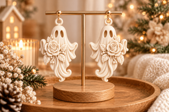 3D Printable Ghost Earrings STL – Floral Gothic Halloween Jewelry - Image 7