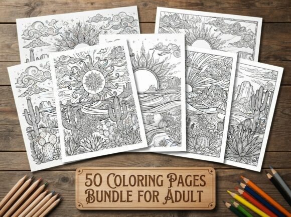 50 Desert Sunset Landscape Coloring Page
