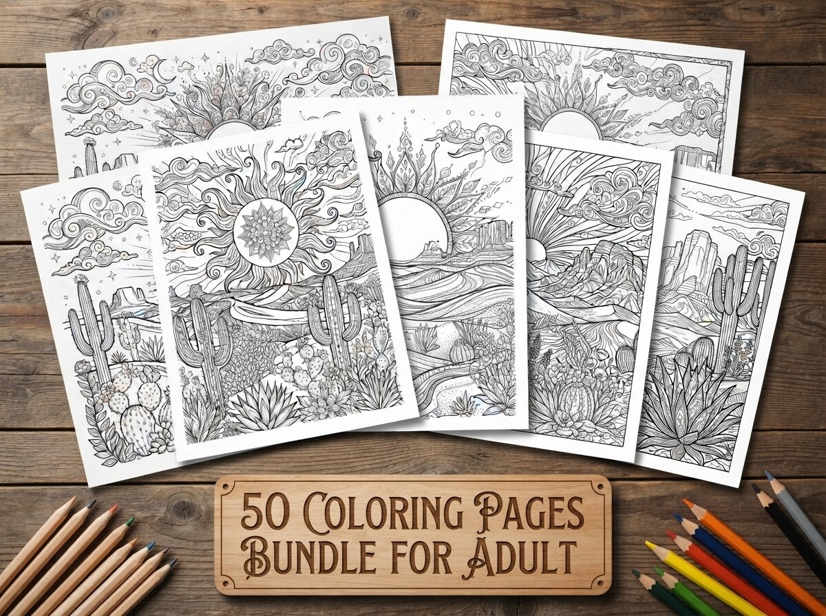 50 Desert Sunset Landscape Coloring Page