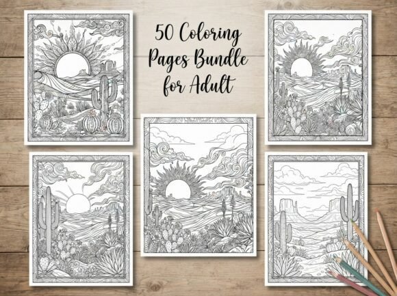 50 Desert Sunset Landscape Coloring Page