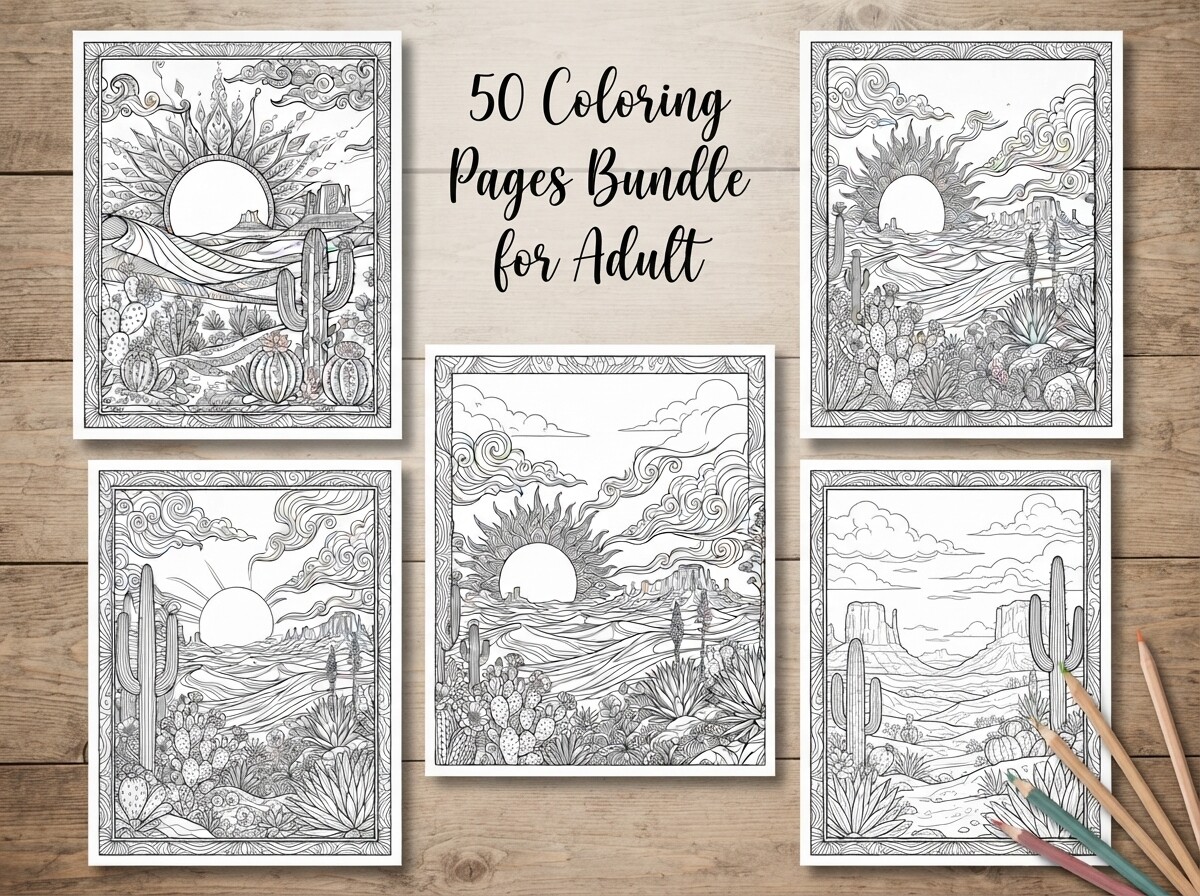 50 Desert Sunset Landscape Coloring Page