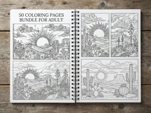 50 Desert Sunset Landscape Coloring Page