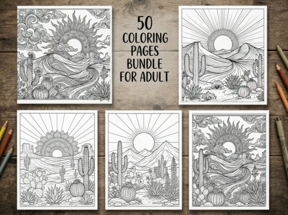 50 Desert Sunset Landscape Coloring Page