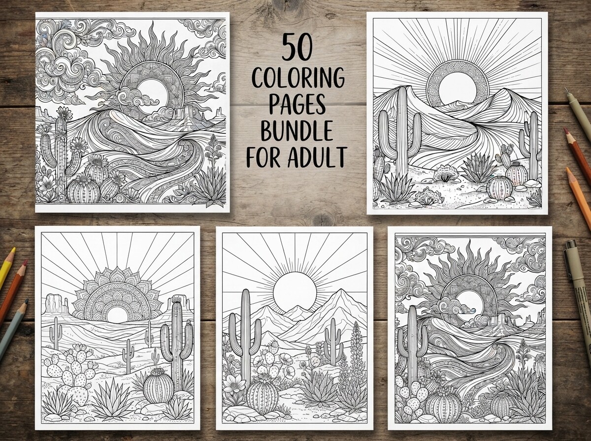 50 Desert Sunset Landscape Coloring Page