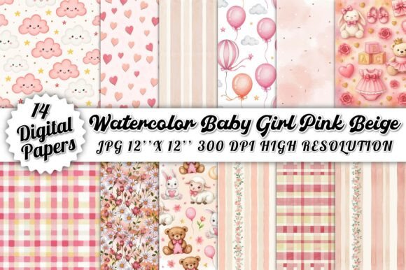 Baby Girl Pink Beige Watercolor Digital