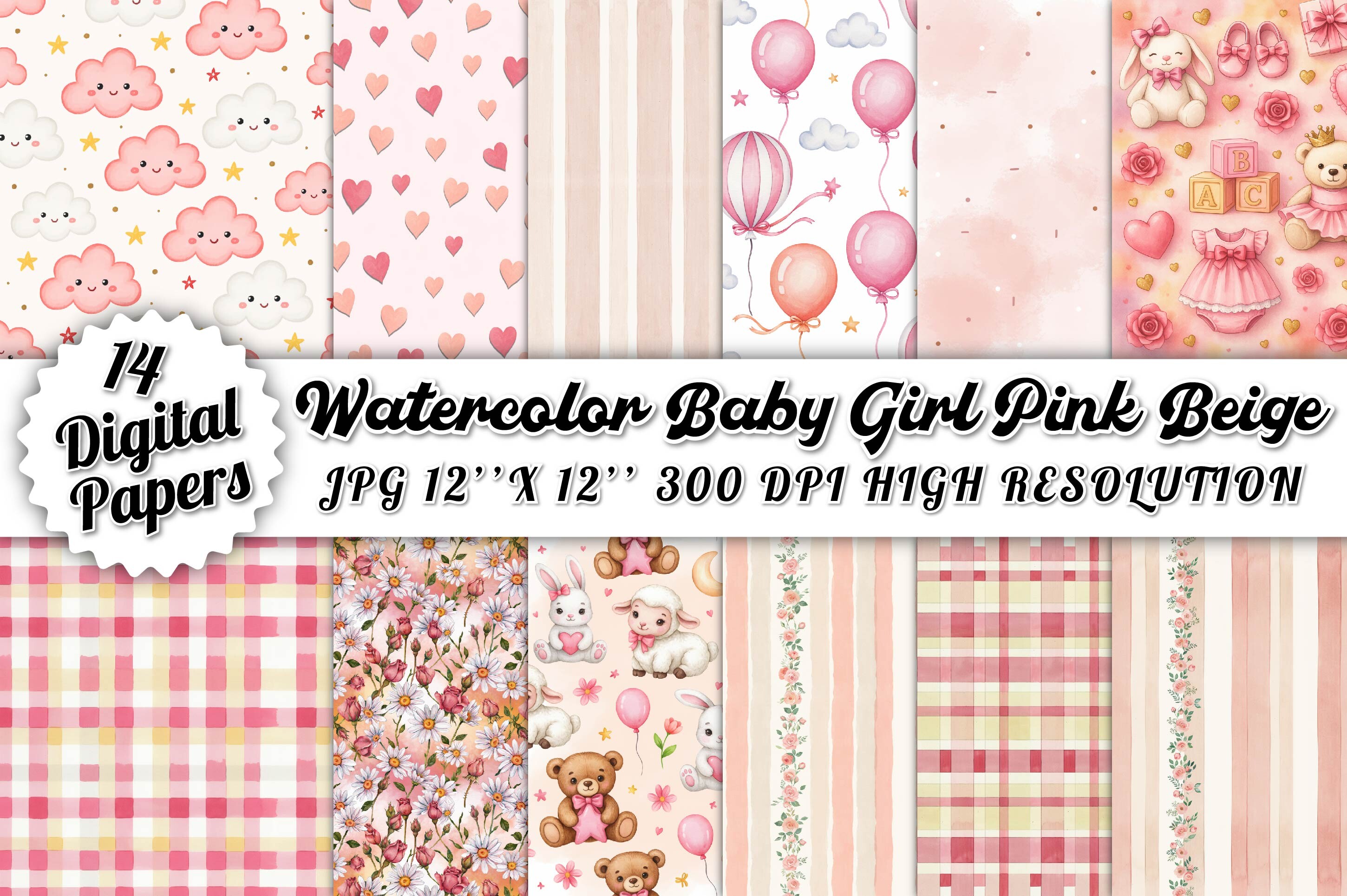 Baby Girl Pink Beige Watercolor Digital