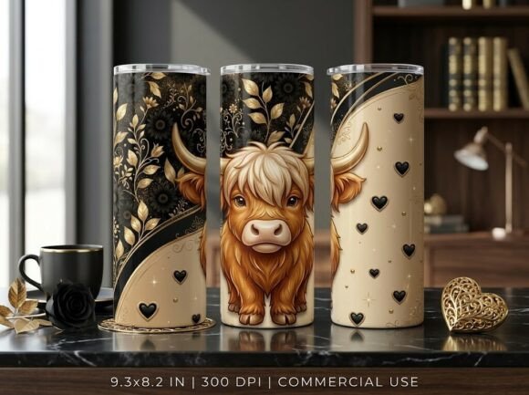 Black Gold Highland Cow Tumbler Design