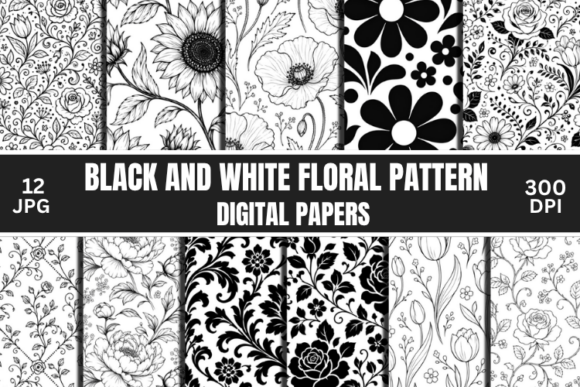Black and White Floral Digital Paper