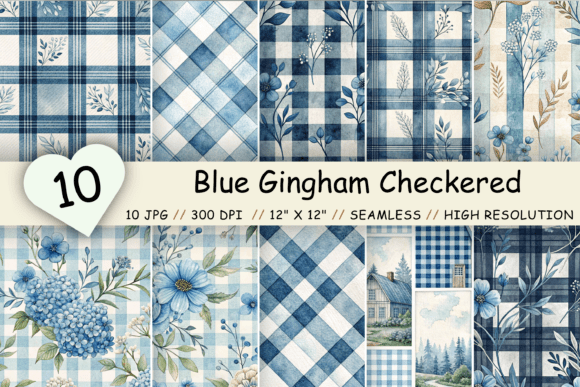 Blue Gingham Checkered Digital Papers