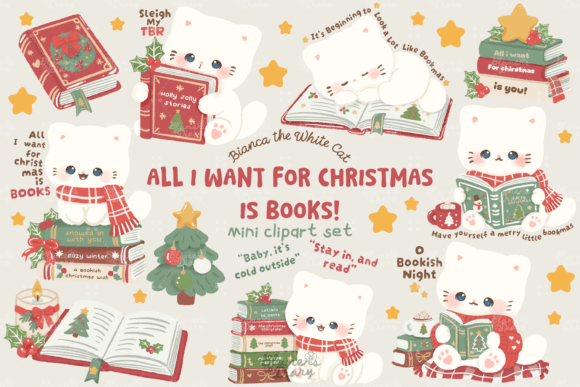 Bookish Christmas Cat Clipart