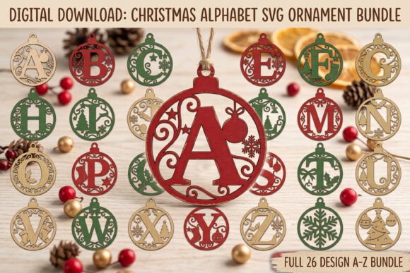 Christmas Alphabet Ornament SVG Bundle (Design 1) laser cut file
