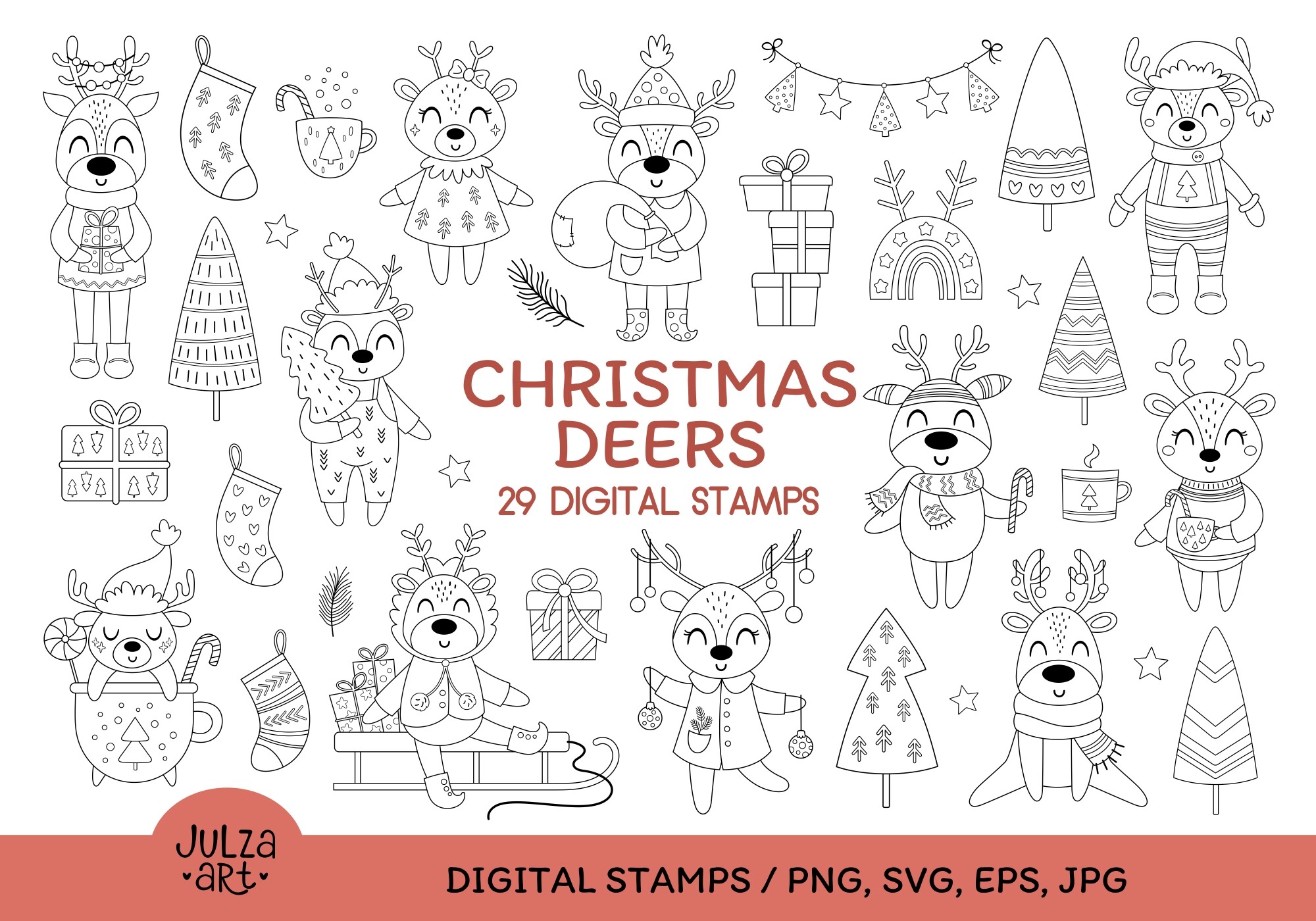 Christmas Deers Coloring Book PNG SVG