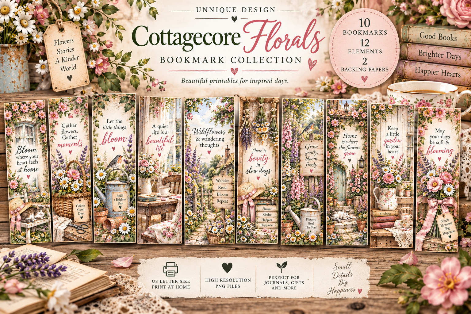 Cottagecore Florals Printable Bookmarks