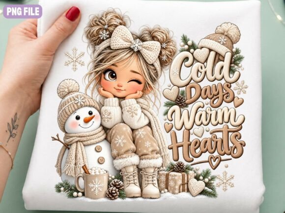 Cozy Winter Girl PNG, Snowman Holiday