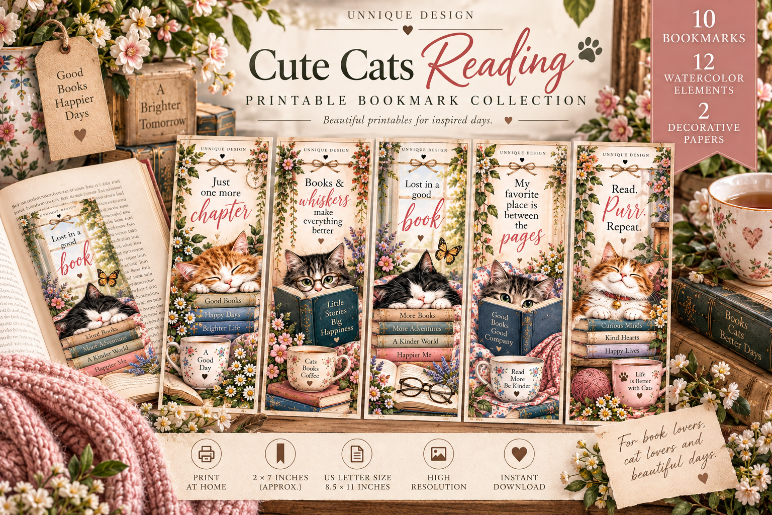 Cute Cats Reading Printable Bookmarks