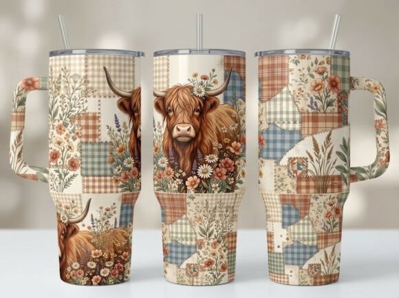 Cute Highland Cow Floral Tumbler Design