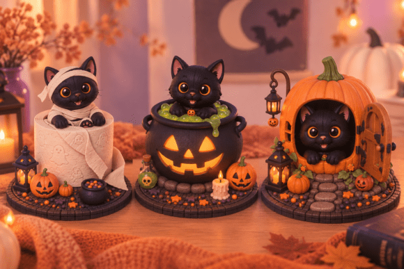 Spooky Halloween Sculpture STL 3D Print Model - Cute Ghost, Bat & Pumpkins - Image 14