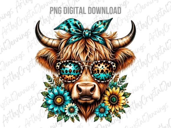 Highland Cow Sunflower Leopard PNG