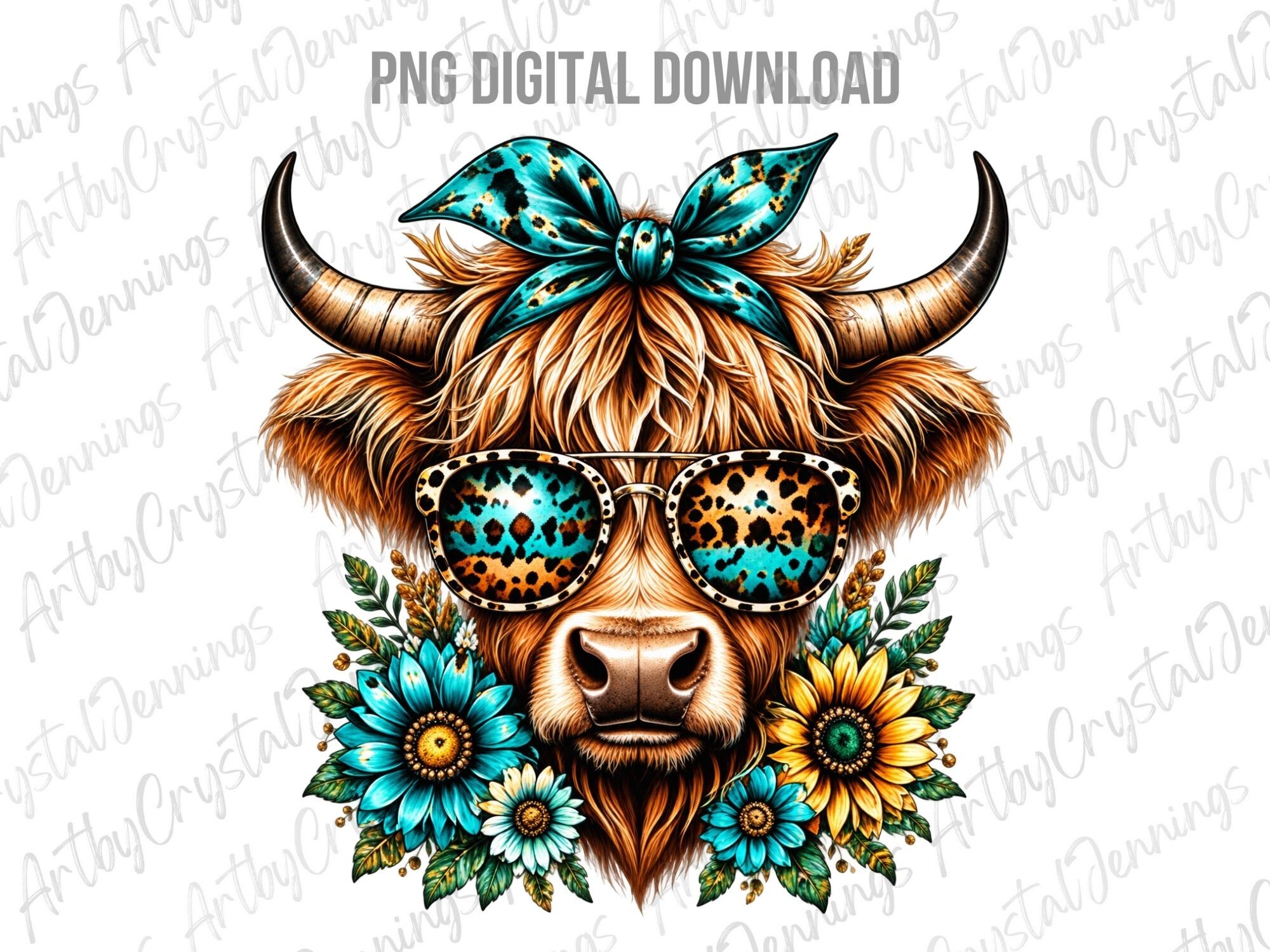 Highland Cow Sunflower Leopard PNG