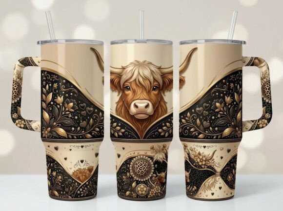 Luxury Leopard Highland Cow Tumbler PNG