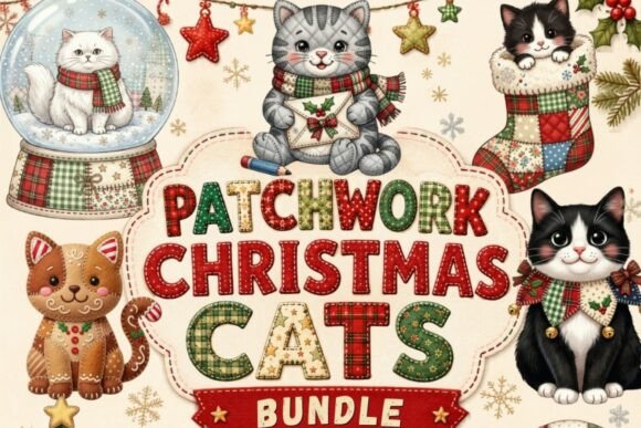 Patchwork Christmas Cats Clipart Bundle