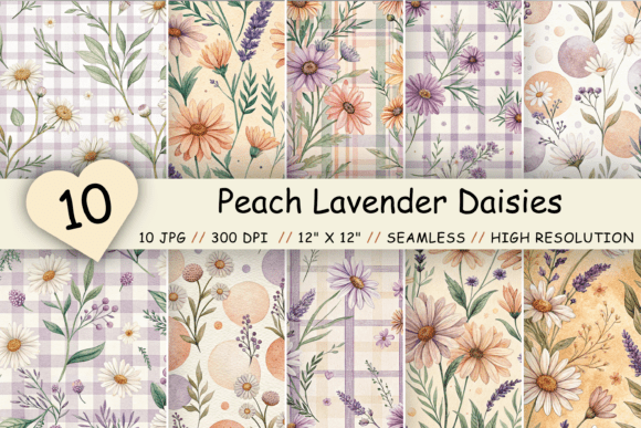 Peach Lavender Daisies Digital Paper
