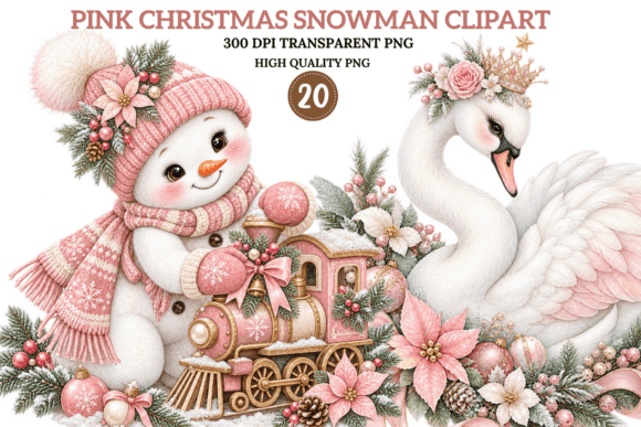 Pink Christmas Snowman Clipart Bundle