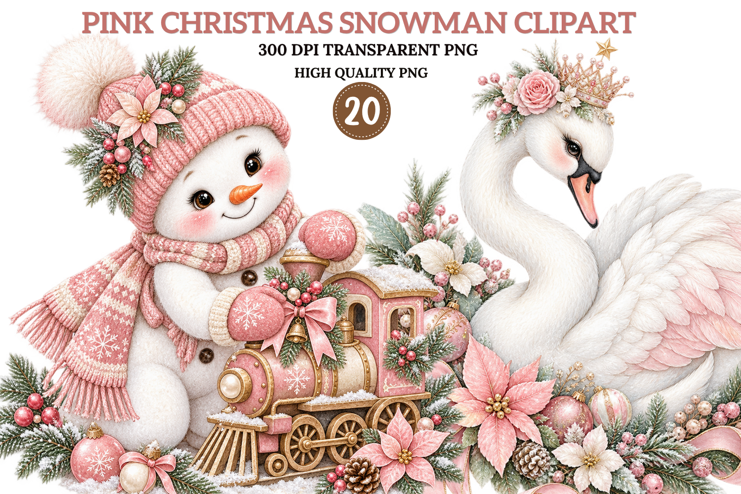 Pink Christmas Snowman Clipart Bundle