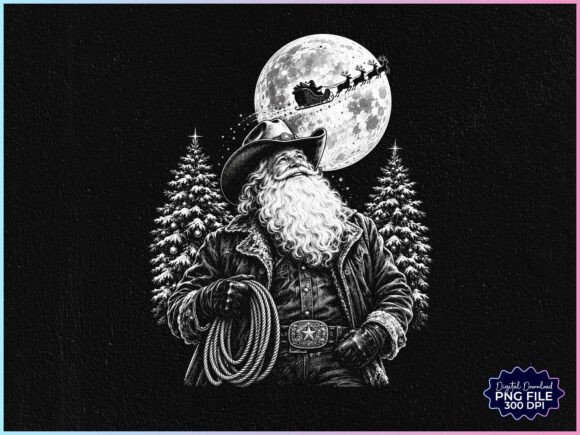 Retro Western Christmas Cowboy Santa PNG