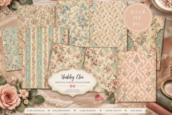 Shabby Chic Rose & Teal Background Paper