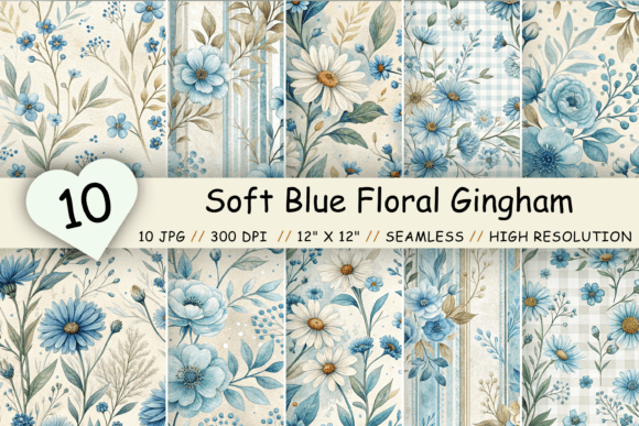Soft Blue Floral Gingham Pattern Bundle