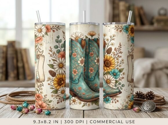 Turquoise Floral Cowboy Tumbler Design