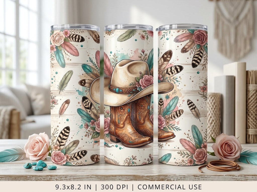 Boho Cowboy Boots Floral Tumbler Design