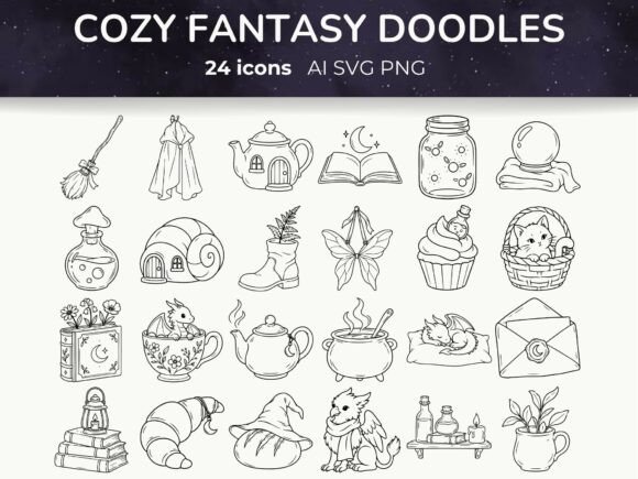 Cozy Fantasy Doodle Cliparts, Fall PNG