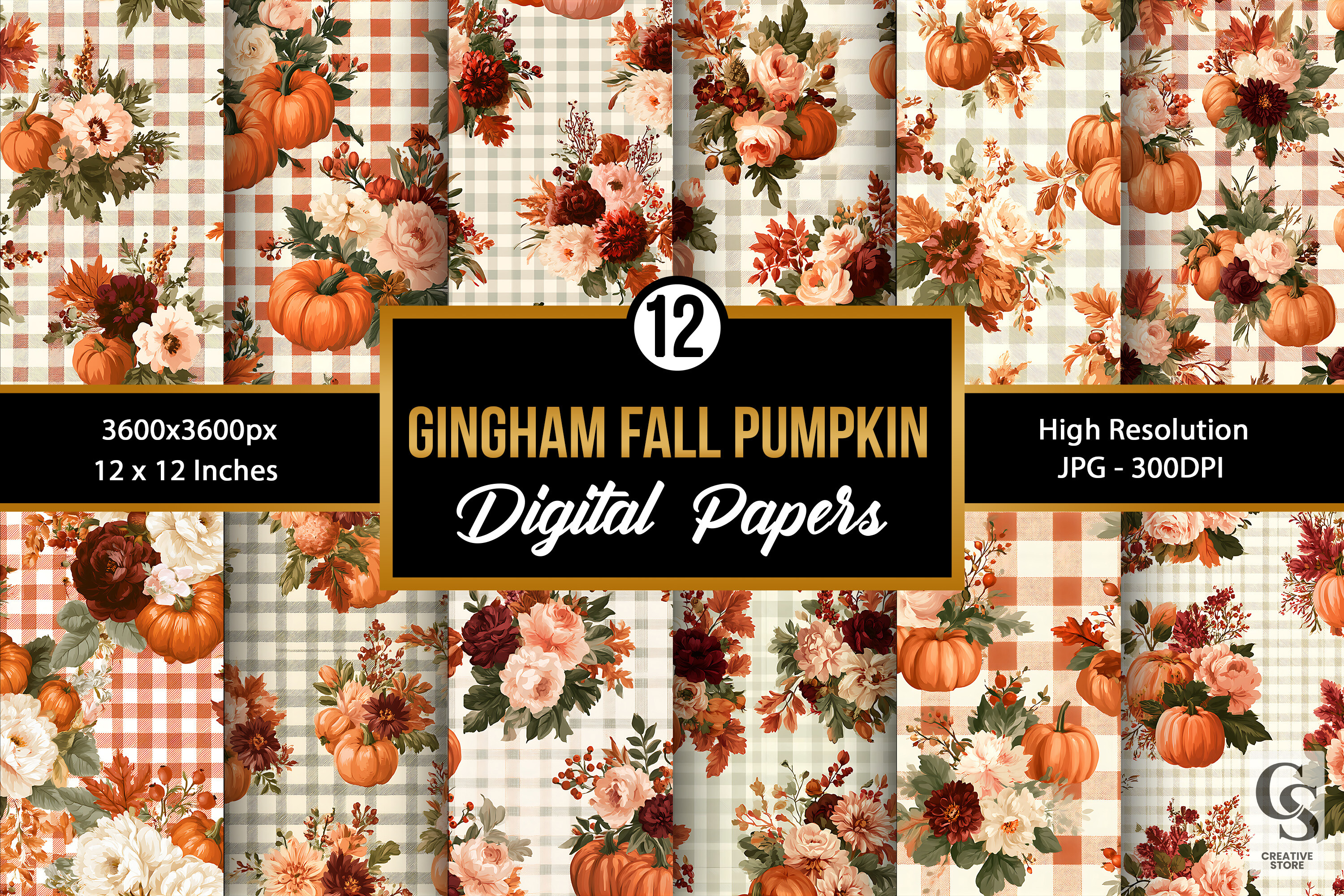 Fall Gingham Bouquet Flowers Pattern