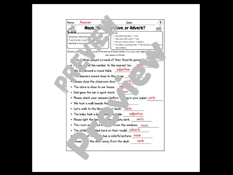 Noun Verb Adjective Adverb Worksheets Graphic by w3badi Teachers ...